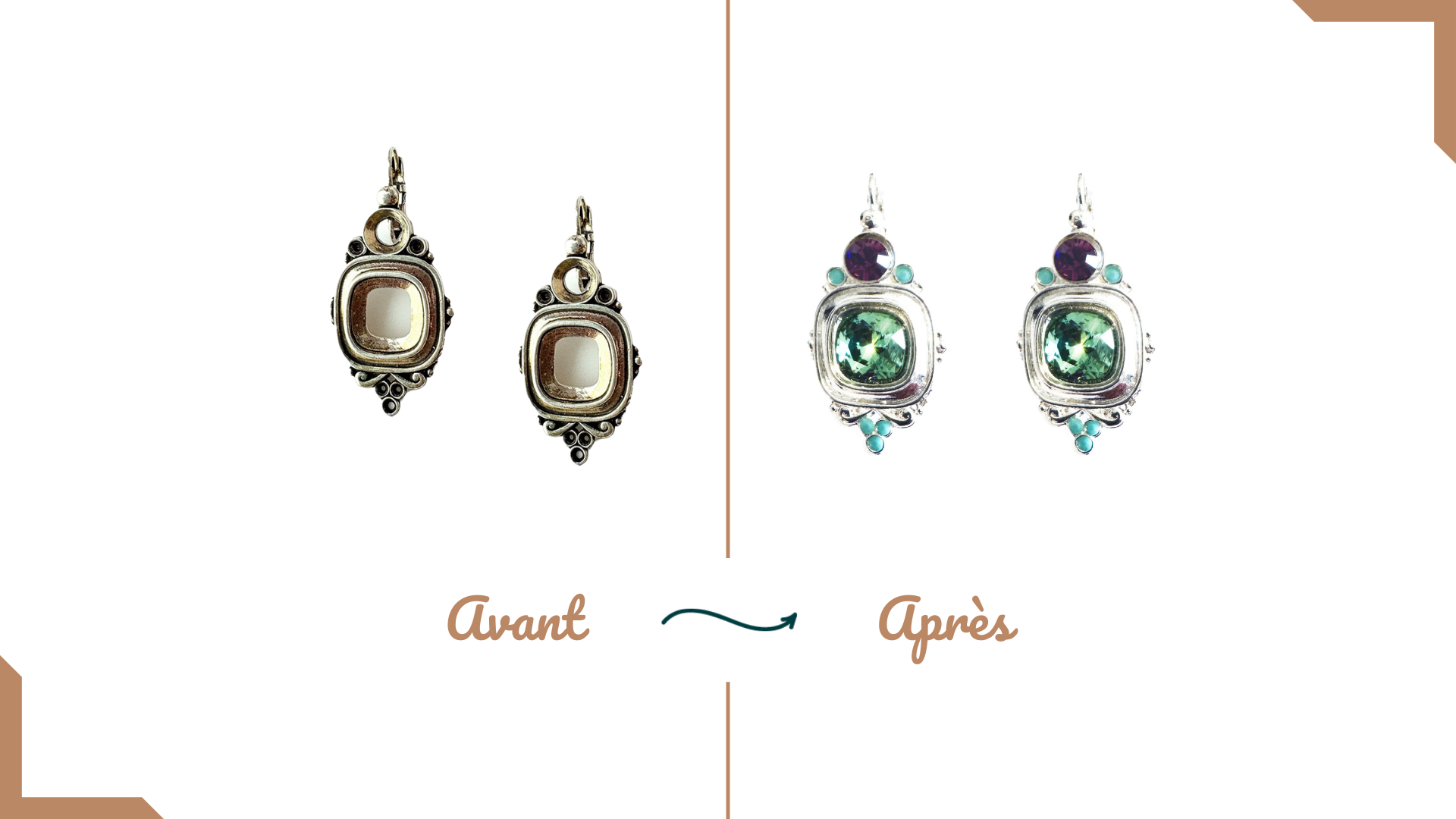 Avant /Après d'une réparation de bijoux : Collage de pierres naturelles pour des boucles d'oreilles avec une ré-argenture.