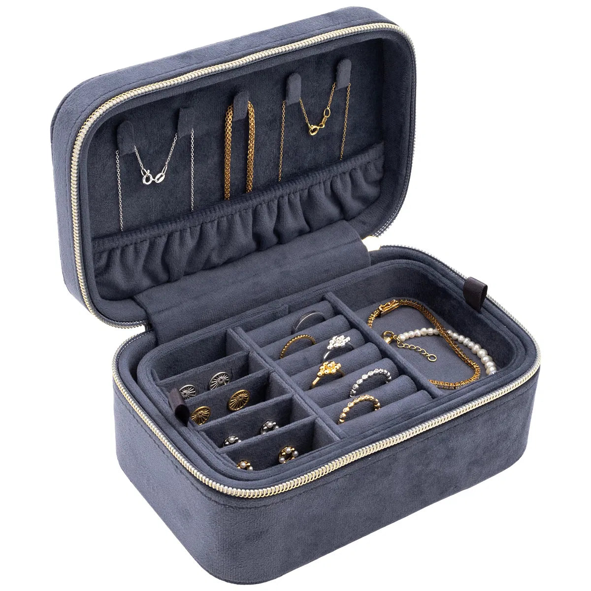 Image de la boîte à bijoux bleue rectangulaire ouverte