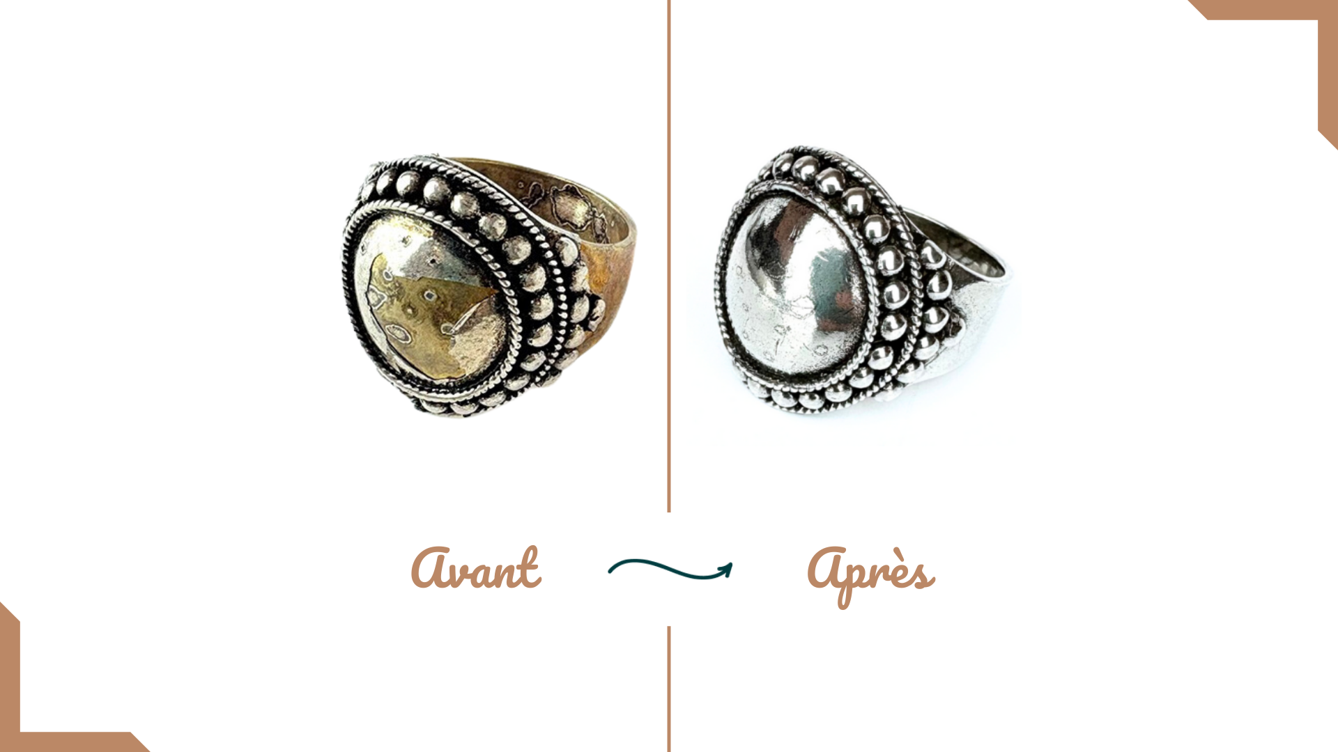 Avant après d'une réparation de bijoux : re-argenter une bague.